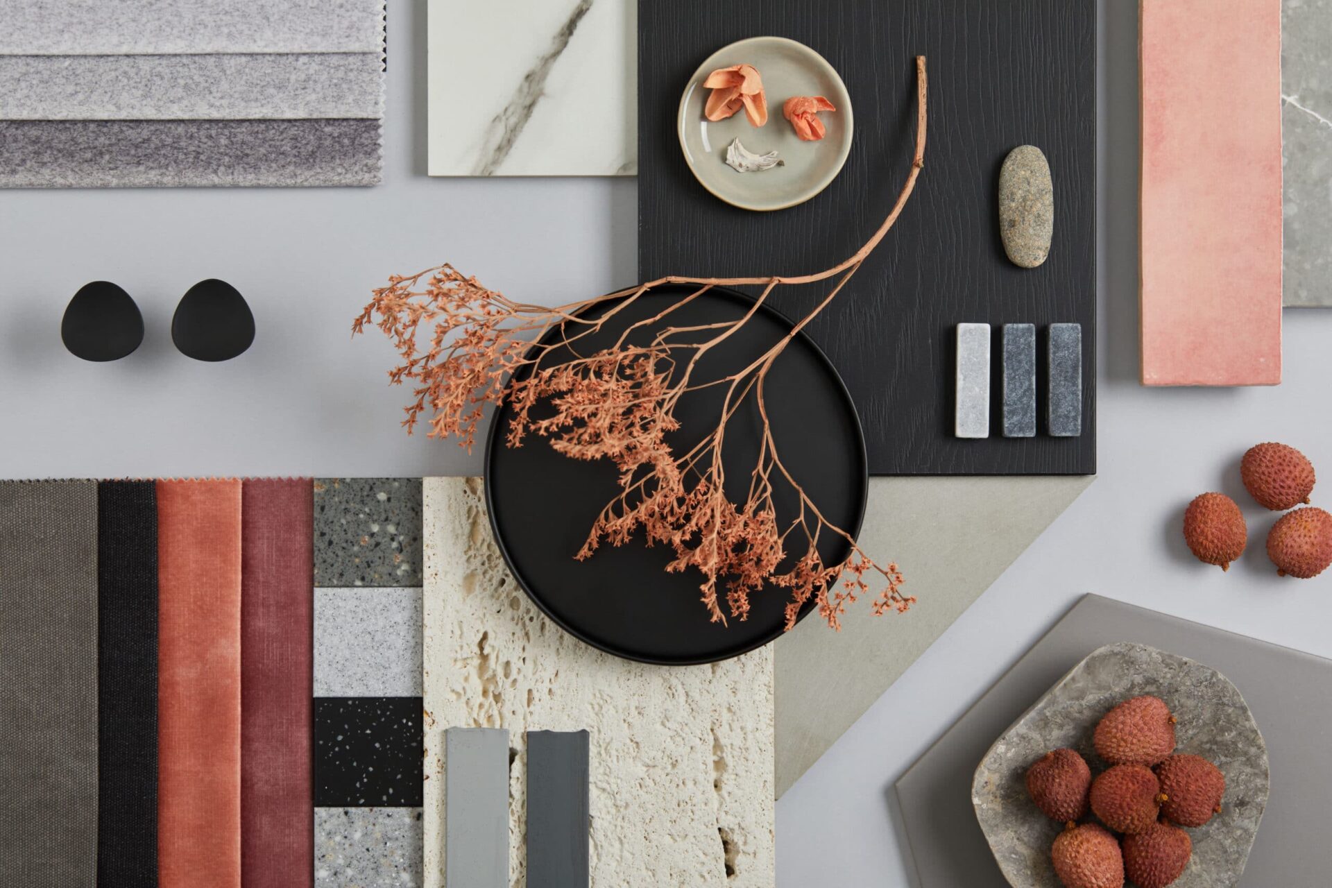 Creative flat lay composition with textile and paint samples, pa