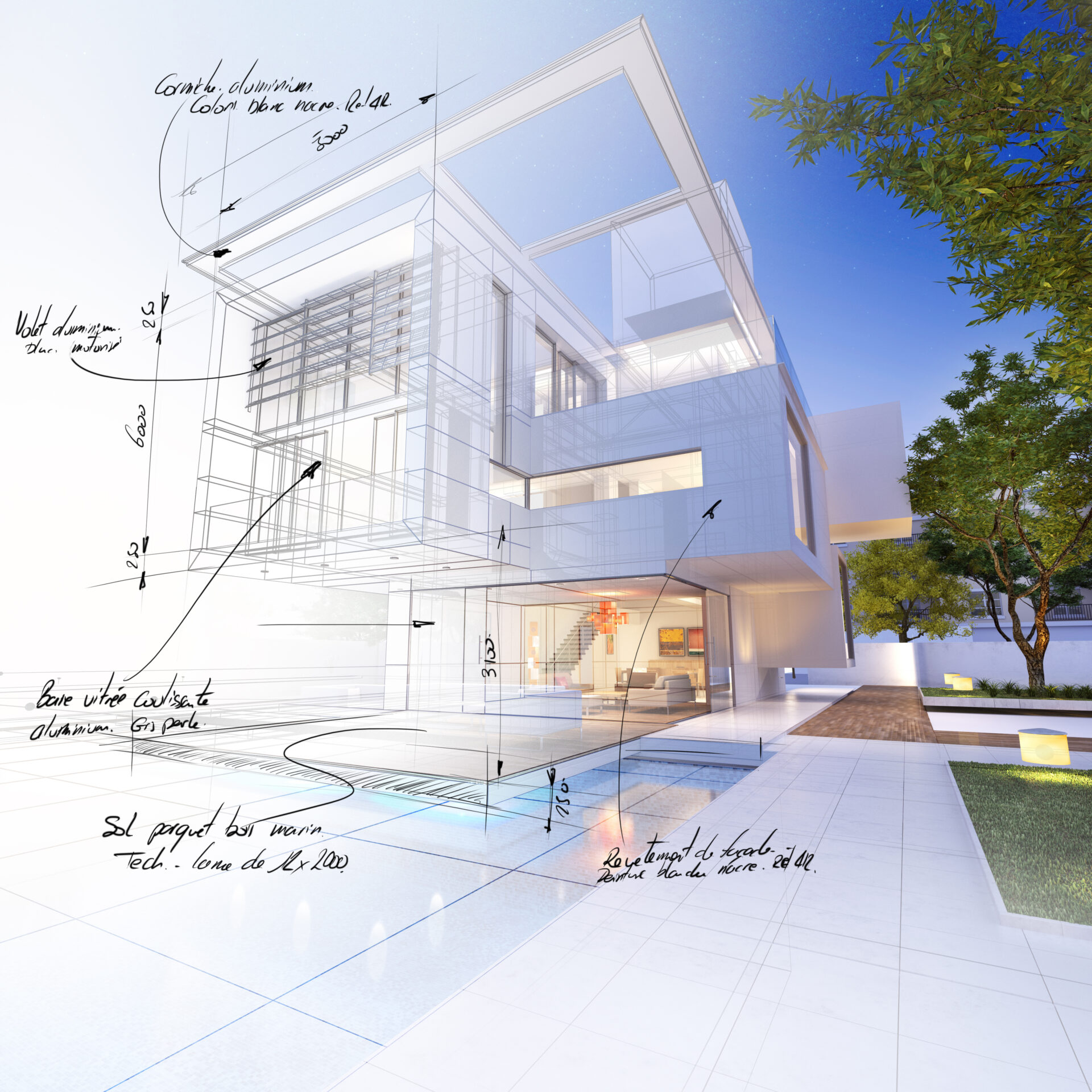 3d,Rendering,Of,A,Luxurious,Villa,Contrasting,With,A,Technical
